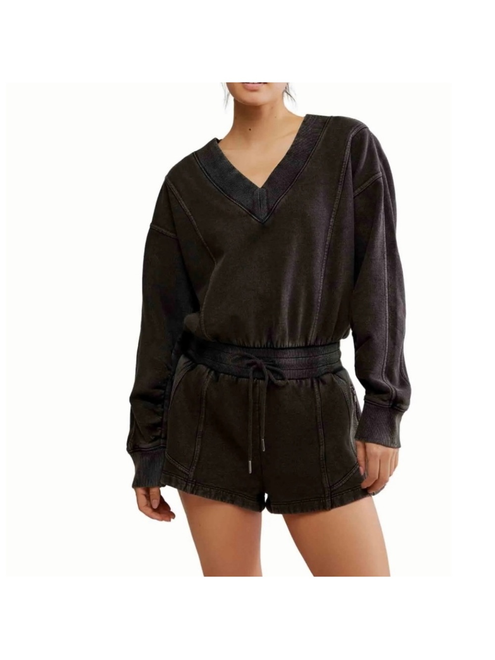 Free People INTERCEPT Washed Black V-Neck Long Sleeve Romper